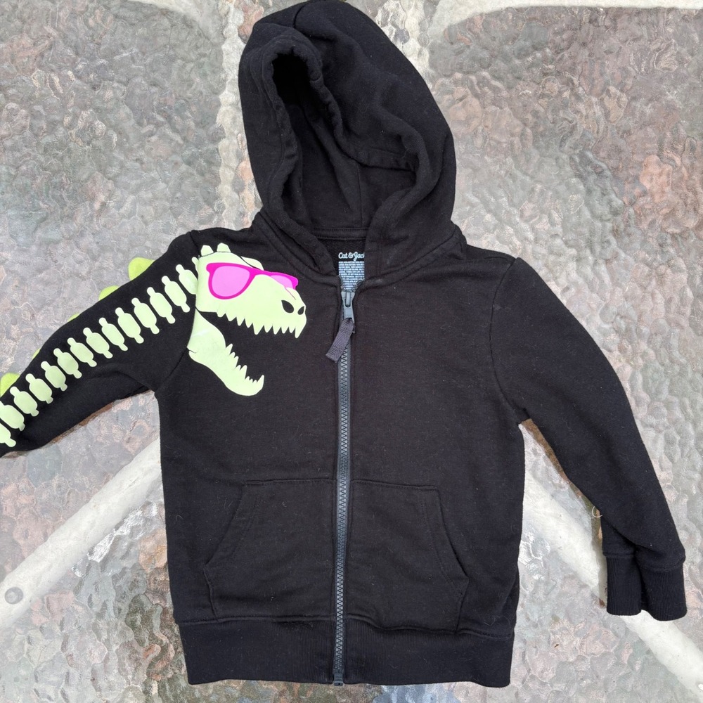 Cat & Jack Toddler Boys Black Glow in the Dark Dinosaur Skeleton Zip Up Hoodie 3